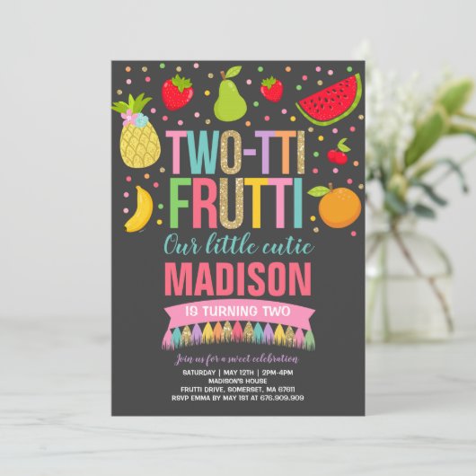 Twee-tti Frutti Party Uitnodiging 2e Verjaardagsfe (Staand voorkant)
