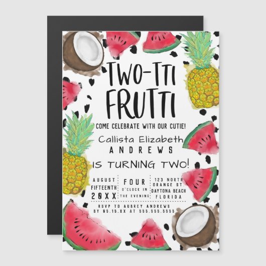 Twee-tti Frutti Schattigee Fruit Waterverf 2e Verj Magnetische Uitnodiging (Voorkant / Achterkant)