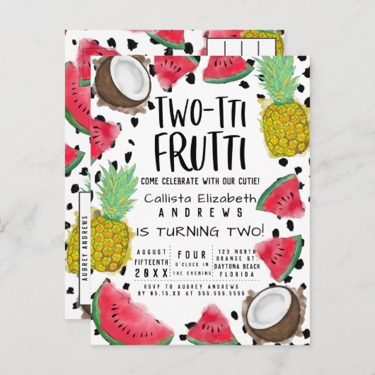 Twee-tti Frutti Schattigee Fruit Waterverf 2e Verj Uitnodiging Briefkaart (Voorkant / Achterkant)