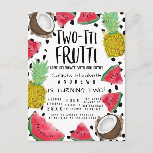 Twee-tti Frutti Schattigee Fruit Waterverf 2e Verj Uitnodiging Briefkaart (Voorkant)