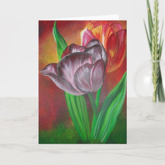 Twee Tulips tegen Rode Achtergrond Kaart (Voorkant)