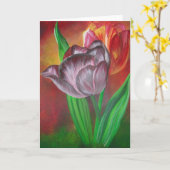 Twee Tulips tegen Rode Achtergrond Kaart (Gele Bloem)