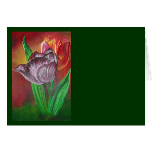 Twee tulpen tegen rode achtergrond (Voorkant Horizontaal)