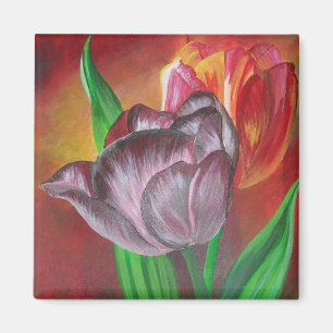 Twee tulpen tegen rode achtergrond magneet