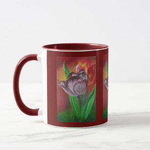 Twee tulpen tegen rode achtergrond mok