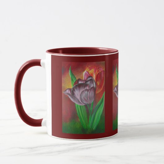 Twee tulpen tegen rode achtergrond mok (Links)