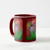 Twee tulpen tegen rode achtergrond mok (Voorkant links)
