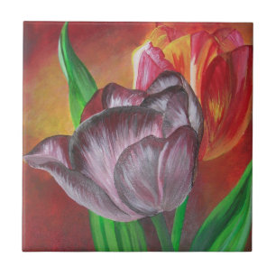 Twee tulpen tegen rode achtergrond tegeltje