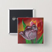 Twee tulpen tegen rode achtergrond vierkante button 5,1 cm (Voorkant /achterkant)