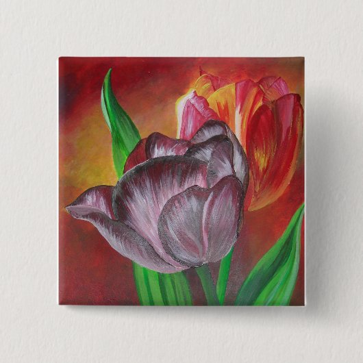 Twee tulpen tegen rode achtergrond vierkante button 5,1 cm (Voorkant)