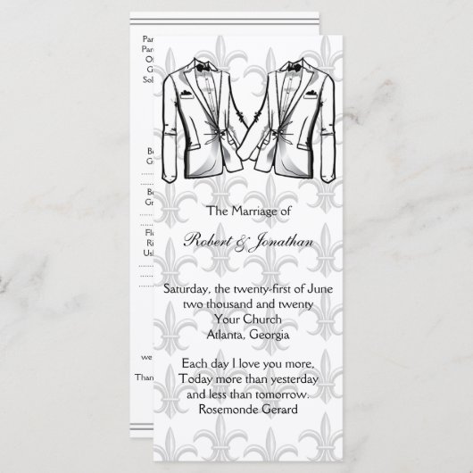 Twee Tuxedo Groom Gay Trouwprogramma Programmakaart (Voorkant / Achterkant)