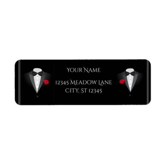 Twee Tuxedos met Red Rose Bruiloft Retouradres Etiket (Voorkant)