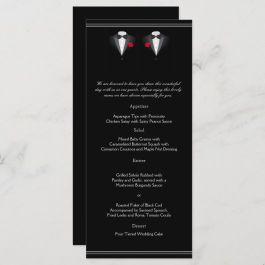 Twee Tuxedos met Red Rose Gay Bruiloft Menu (Voorkant / Achterkant)
