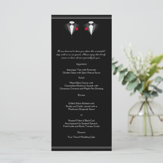Twee Tuxedos met Red Rose Gay Bruiloft Menu (Staand voorkant)