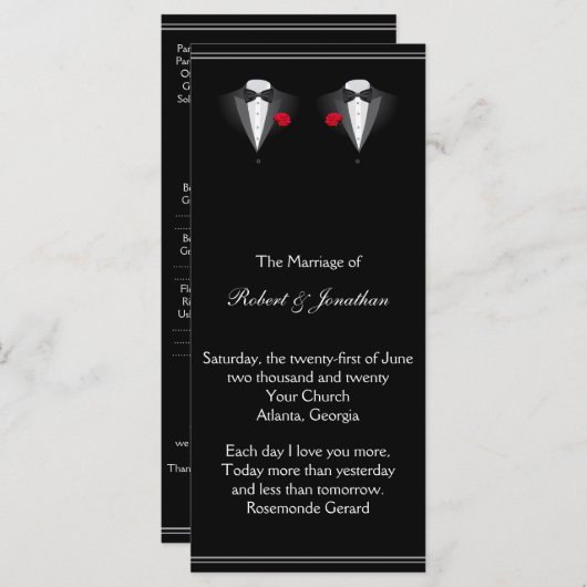Twee Tuxedos met Red Rose Gay Trouwprogramma Programmakaart (Voorkant / Achterkant)