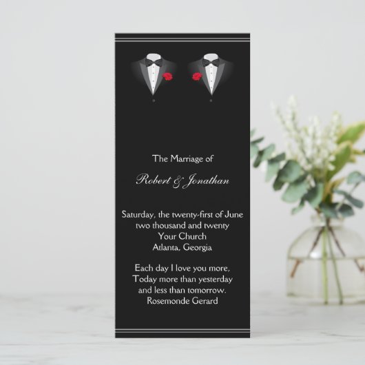 Twee Tuxedos met Red Rose Gay Trouwprogramma Programmakaart (Staand voorkant)