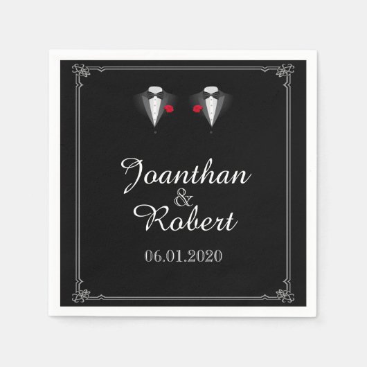 Twee Tuxedos met Rode Rose Gay Bruiloft Servet (Voorkant)