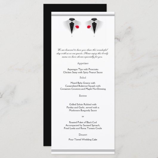 Twee Tuxedos op Witte Gay Bruiloft Menu (Voorkant / Achterkant)