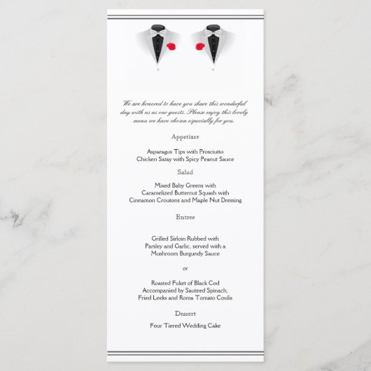 Twee Tuxedos op Witte Gay Bruiloft Menu (Voorkant)