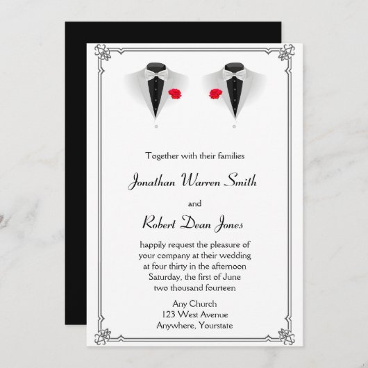 Twee Tuxedos op Witte Gay Bruiloft Uitnodiging (Voorkant / Achterkant)