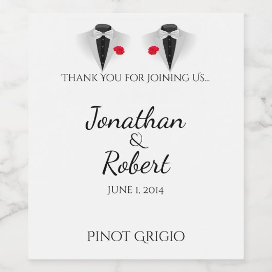 Twee Tuxedos op Witte Gay Bruiloft Wijn Label Wijn Etiket (Enkel label)