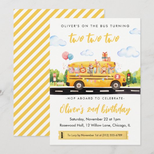 Twee Twee Twee Schoolbus 2e verjaardagsuitnodiging Kaart (Voorkant / Achterkant)