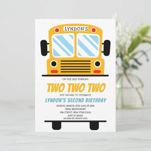 Twee Twee Twee Twee Schoolbus Feest 2e Verjaardag Kaart (Staand voorkant)