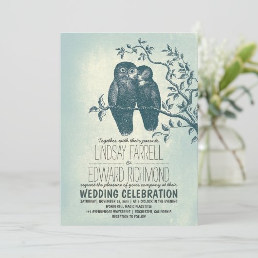 Twee uilen in de liefde & boomtak bruiloft uitnodi kaart (Staand voorkant)