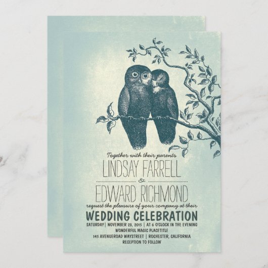 Twee uilen in de liefde & boomtak bruiloft uitnodi kaart (Voorkant / Achterkant)