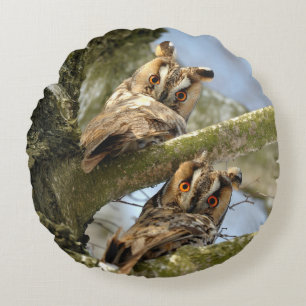 Twee uilen in het bos, vogels, natuur Ronde Pillo Rond Kussen