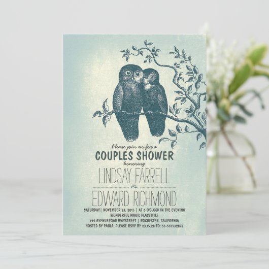 Twee uilen in liefde & boomtak paren douche kaart (Staand voorkant)