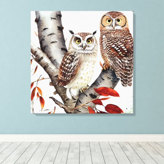 Twee uilen zitten in een witte berkenboom in de he canvas afdruk (Insitu (Houten vloer))