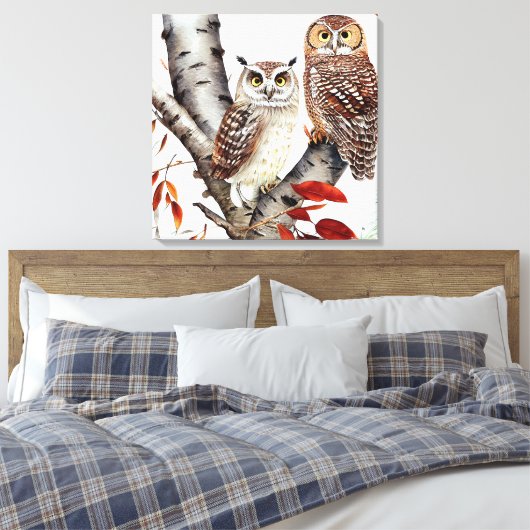 Twee uilen zitten in een witte berkenboom in de he canvas afdruk (Insitu (Slaapkamer))