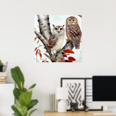 Twee uilen zittend in een witte berkenboom in de h poster (Thuiskantoor)