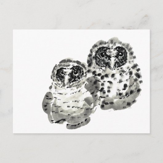 Twee uilkuikens vatten inktschilderij op briefkaart (Voorkant)