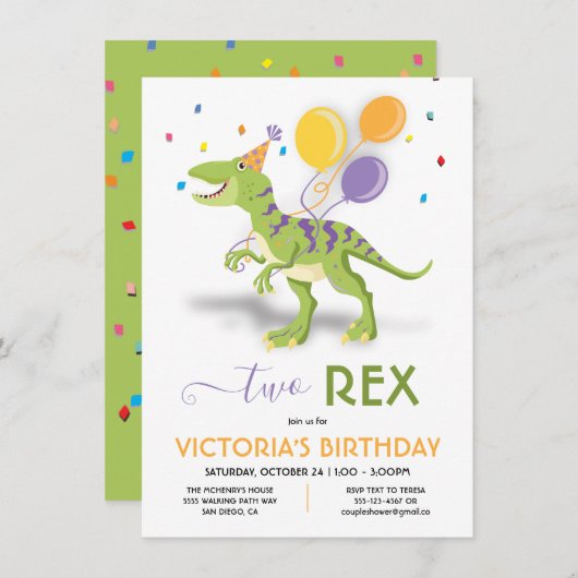 Twee uitnodiging van Rex Dinosaur Birthday (Voorkant / Achterkant)