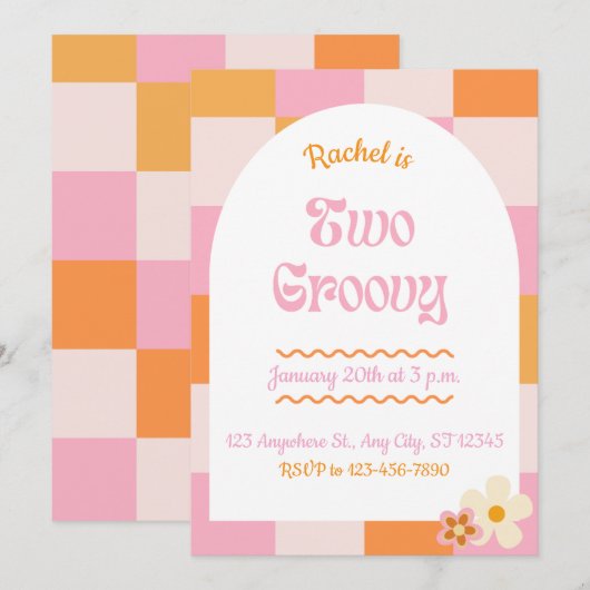 Twee uitnodigingen voor de geboorte van Groovy (Voorkant / Achterkant)