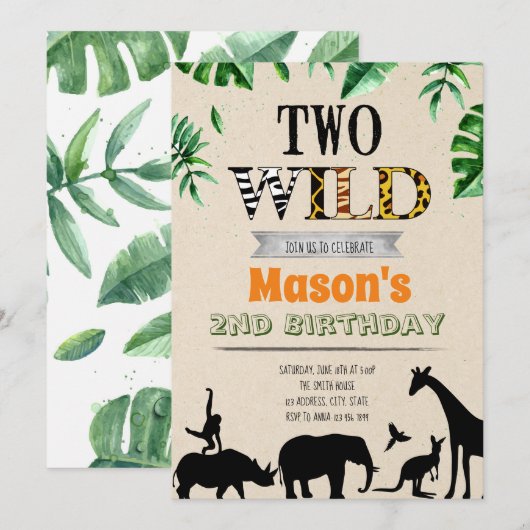 Twee uitnodigingen voor een wild verjaardagsfeest (Voorkant / Achterkant)