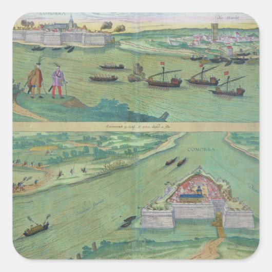 Twee Uitzichten van de Comorra uit 'Civitates Orbi Vierkante Sticker (Voorkant)