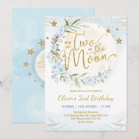 Twee van de Moon Blue Gold Floral 2e verjaardag Kaart (Voorkant / Achterkant)