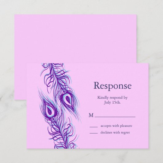 Twee van een Kind Peacock Feathers RSVP Kaartje (Voorkant / Achterkant)