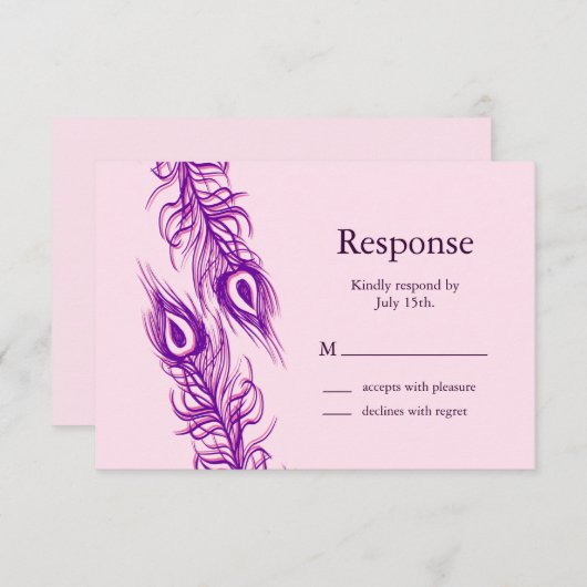 Twee van een Kind Peacock Feathers RSVP Kaartje (Voorkant / Achterkant)