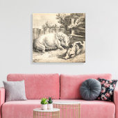 Twee Varkens die in rietje liggen in een buitenpen Canvas Afdruk (Insitu (Woonkamer))