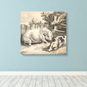 Twee Varkens die in rietje liggen in een buitenpen Canvas Afdruk (Insitu (Houten vloer))