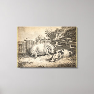 Twee Varkens die in rietje liggen in een buitenpen Canvas Afdruk