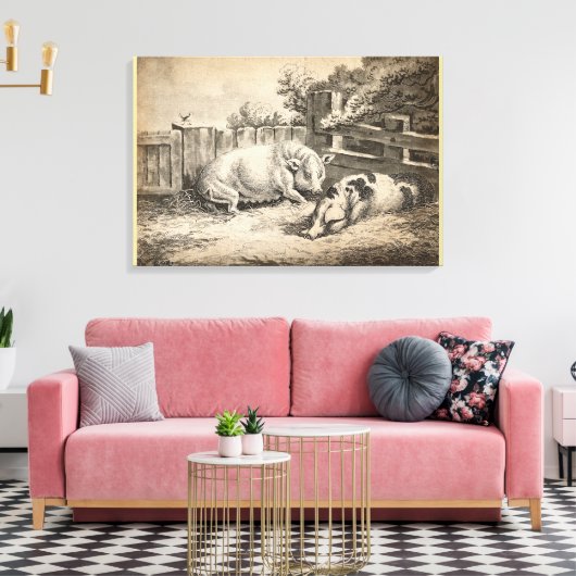 Twee Varkens die in rietje liggen in een buitenpen Canvas Afdruk (Insitu (Woonkamer))