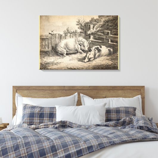 Twee Varkens die in rietje liggen in een buitenpen Canvas Afdruk (Insitu (Slaapkamer))