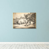 Twee Varkens die in rietje liggen in een buitenpen Canvas Afdruk (Insitu (Houten vloer))