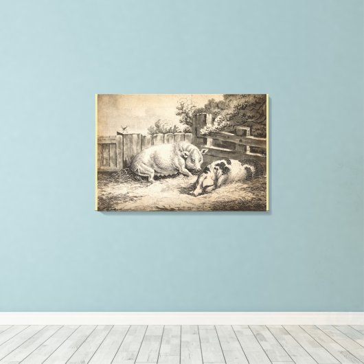 Twee Varkens die in rietje liggen in een buitenpen Canvas Afdruk (Insitu (Houten vloer))
