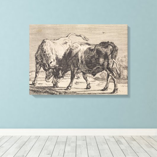 Twee vechtstieren (door Paulus Potter) Canvas Afdruk (Insitu (Houten vloer))